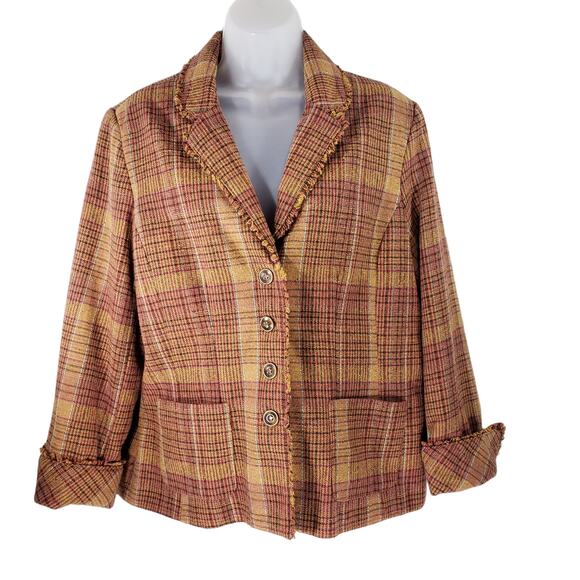 Coldwater Creek 16 Plaid Blazer Women Gold Plum Recycled Wool Blend Frayed Edges - Picture 1 of 11